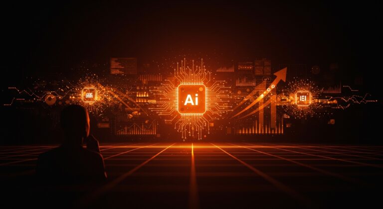 Founder contemplando oportunidades y riesgos de la inteligencia artificial en el ecosistema startup con inversiones y productividad en 2026.