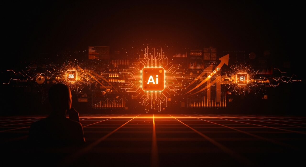 Founder contemplando oportunidades y riesgos de la inteligencia artificial en el ecosistema startup con inversiones y productividad en 2026.