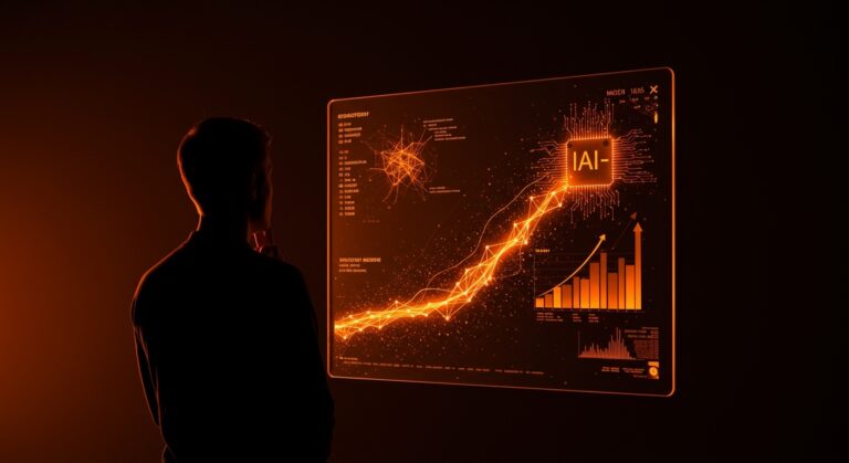 Silueta de fundador tecnológico reflexionando sobre la inteligencia artificial y tendencias de inversión en IA generativa y productividad empresarial.