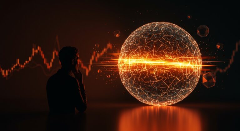 Imagen conceptual sobre la posible burbuja de inversión en inteligencia artificial con fundador observando una burbuja digital a punto de estallar en el mercado tech.