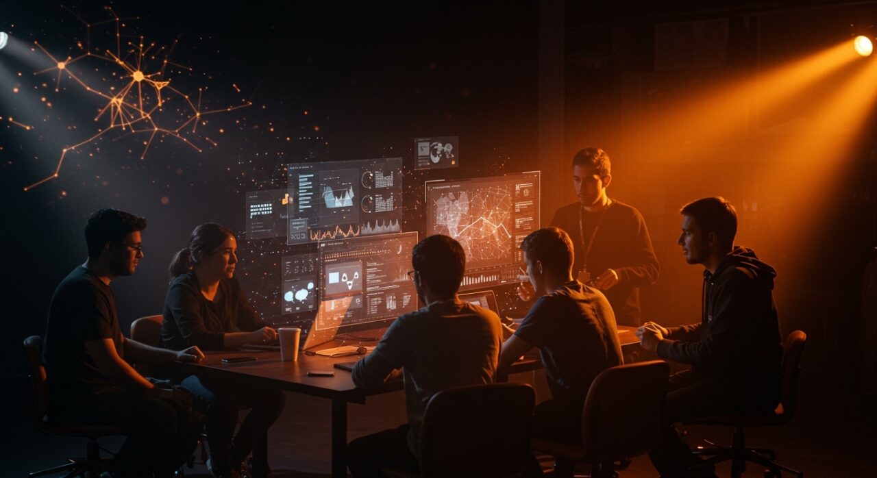 Emprendedores latinoamericanos colaborando con interfaces digitales que representan inteligencia artificial y modelos de lenguaje en el ecosistema startup tech.