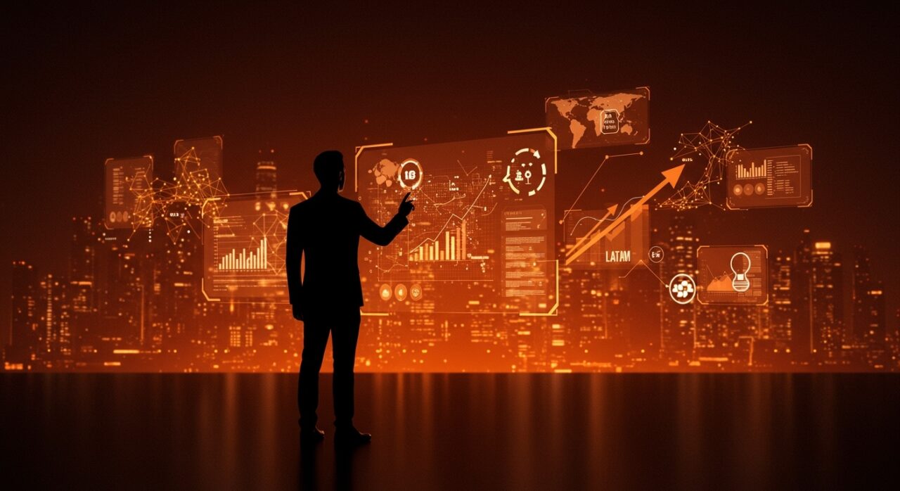 Empresario interactuando con interfaces digitales que simbolizan la automatización y creación de empresas en China para startups LATAM.