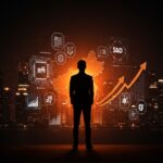 Emprendedor frente a un paisaje urbano digital de Zhejiang con símbolos de burocracia, IA y creación de empresa en China para startups LATAM.