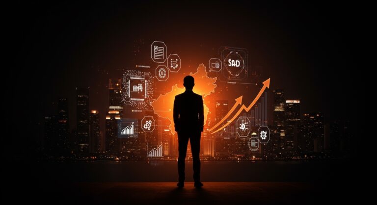 Emprendedor frente a un paisaje urbano digital de Zhejiang con símbolos de burocracia, IA y creación de empresa en China para startups LATAM.