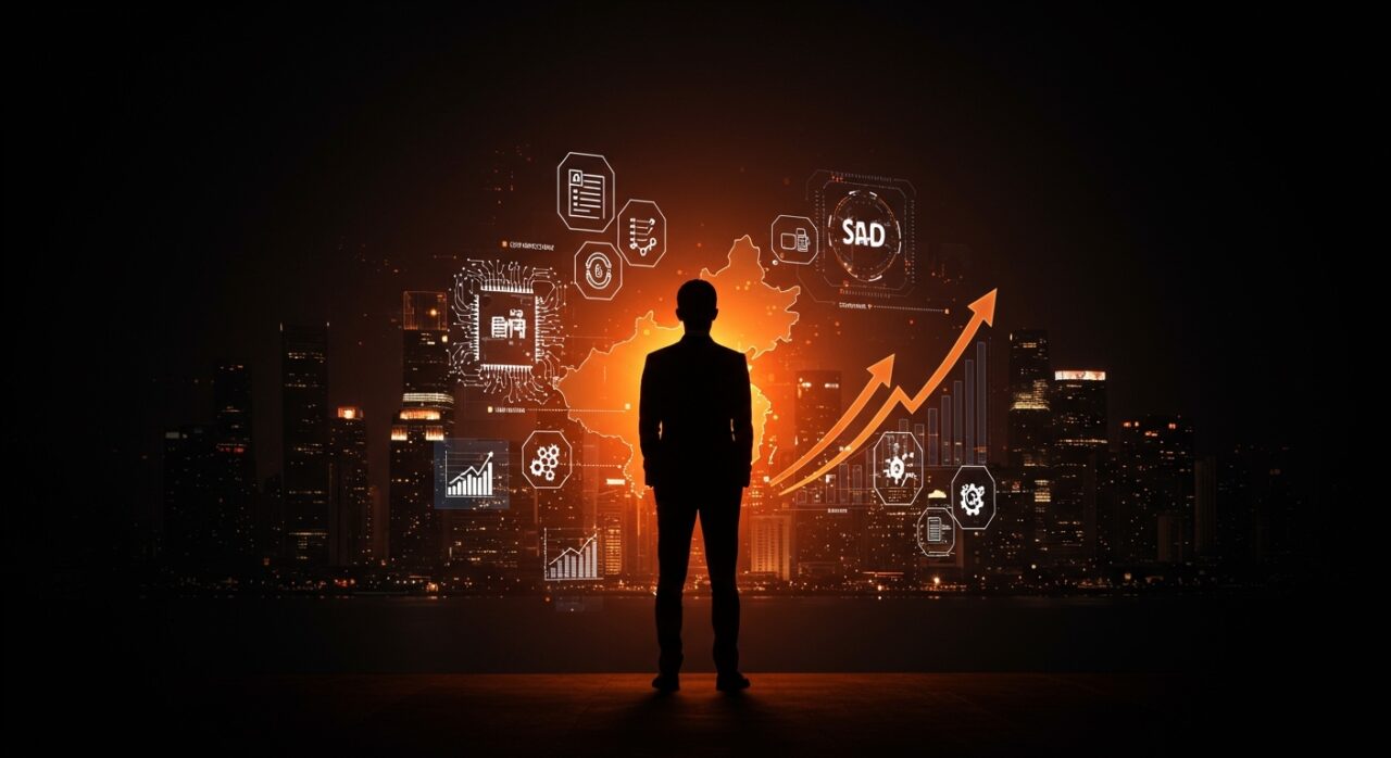 Emprendedor frente a un paisaje urbano digital de Zhejiang con símbolos de burocracia, IA y creación de empresa en China para startups LATAM.