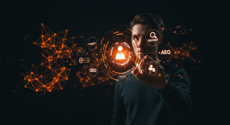 Guía para startups de búsqueda AI 2026 con optimización GEO y AEO, mostrando interacción con motores de respuesta inteligentes como ChatGPT, Perplexity y Gemini.