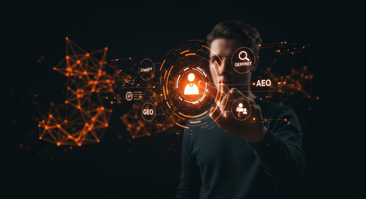 Guía para startups de búsqueda AI 2026 con optimización GEO y AEO, mostrando interacción con motores de respuesta inteligentes como ChatGPT, Perplexity y Gemini.