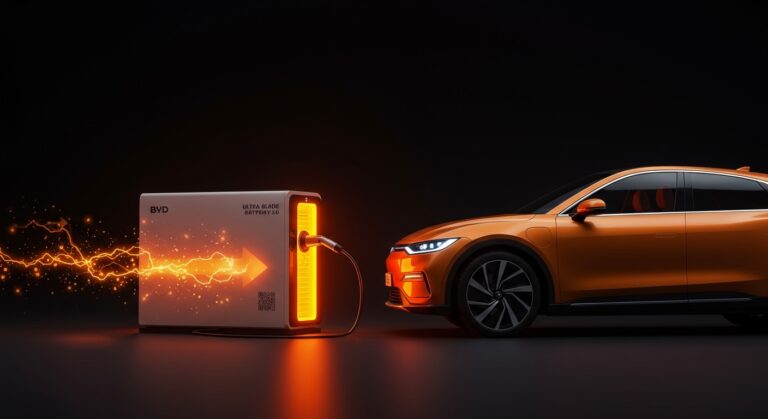 Carga rápida de vehículos eléctricos con la batería BYD Blade Battery 2.0 destacando innovación en movilidad eléctrica y tecnología de baterías EV.