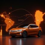 Expansión de BYD en movilidad eléctrica en México y Argentina frente a la caída en China, simbolizada con mapas digitales iluminados y vehículos eléctricos.