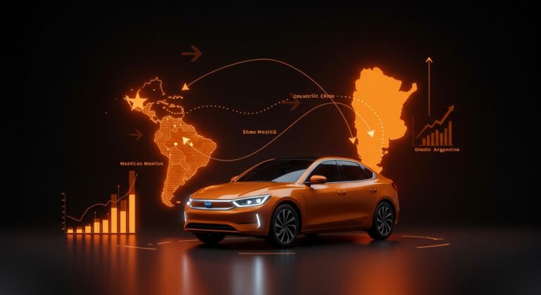 Expansión de BYD en movilidad eléctrica en México y Argentina frente a la caída en China, simbolizada con mapas digitales iluminados y vehículos eléctricos.