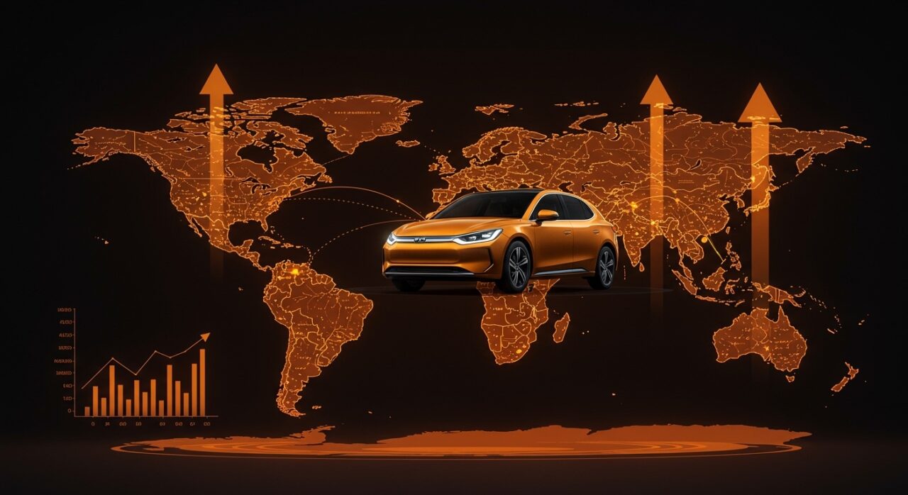 BYD coche eléctrico destacando rutas de exportación global, reflejando ventas internacionales que superan a las de China y la expansión en la industria de movilidad eléctrica.