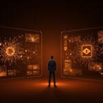 Ejecutivo analizando desafíos legales de IA generativa de vídeo en ByteDance y Seedance 2.0 con metáforas visuales de redes neuronales y propiedad intelectual.