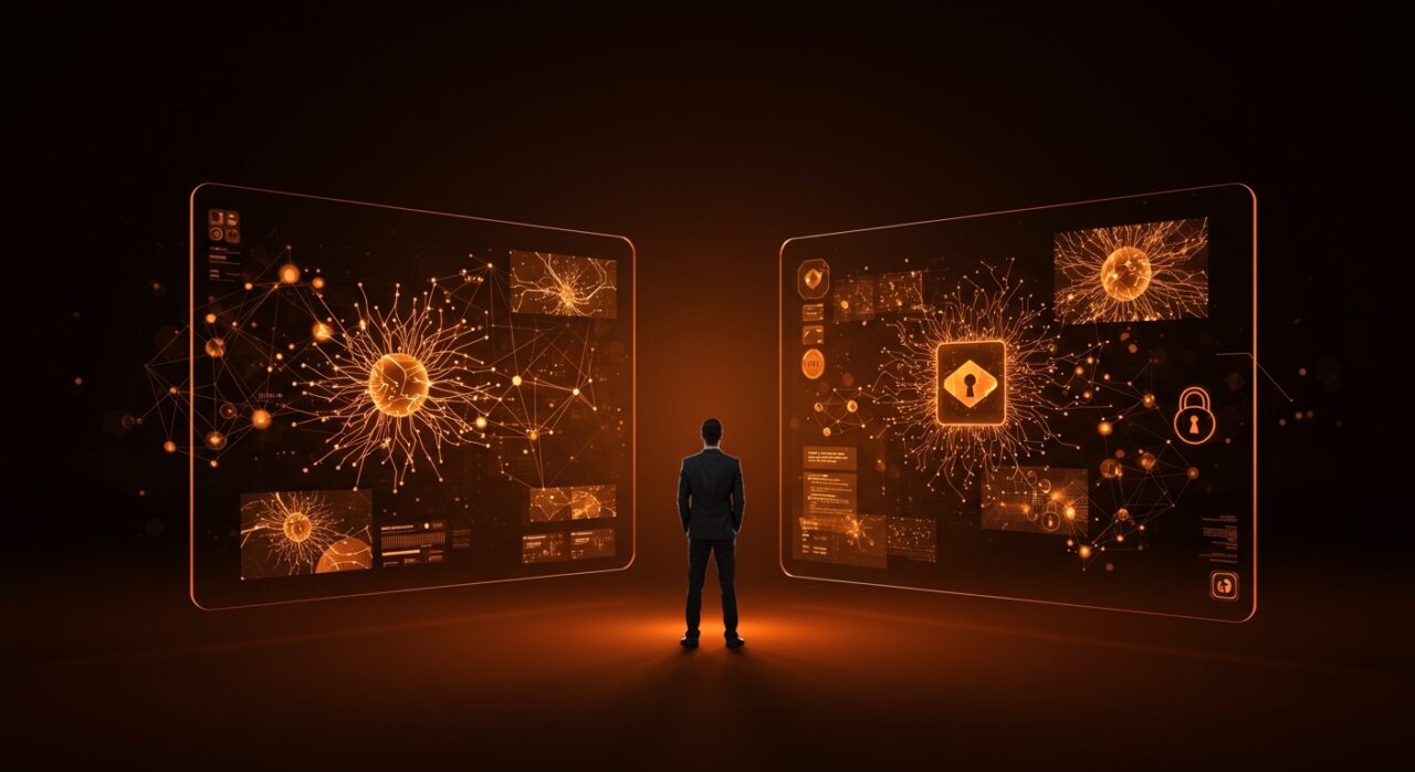 Ejecutivo analizando desafíos legales de IA generativa de vídeo en ByteDance y Seedance 2.0 con metáforas visuales de redes neuronales y propiedad intelectual.