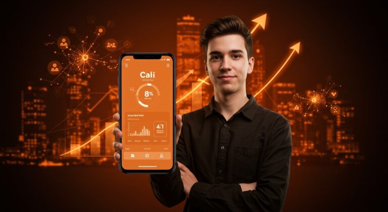 Joven emprendedor de 19 años mostrando la app Cal AI de nutrición con inteligencia artificial tras su exitosa venta a MyFitnessPal en el sector SaaS y tecnología.