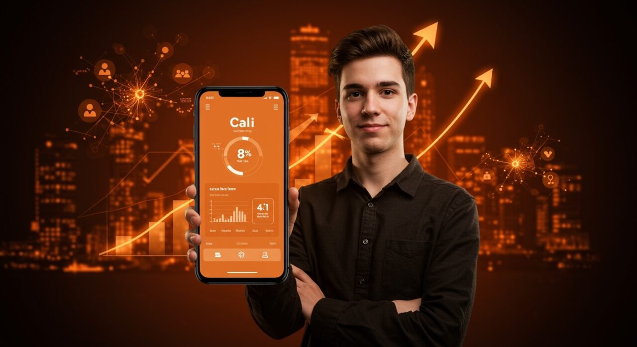 Joven emprendedor de 19 años mostrando la app Cal AI de nutrición con inteligencia artificial tras su exitosa venta a MyFitnessPal en el sector SaaS y tecnología.