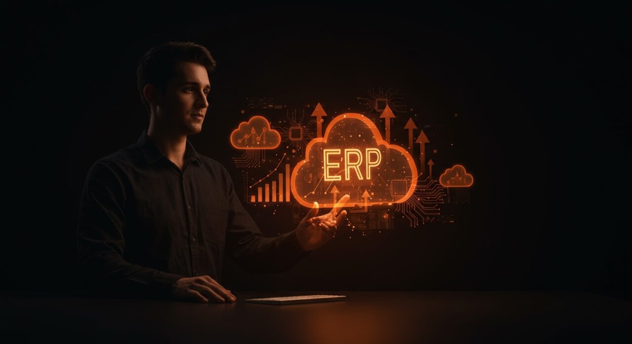 Interfaz holográfica de ERP cloud con inteligencia artificial para PyMEs en Latinoamérica, destacando la automatización y escalabilidad empresarial.