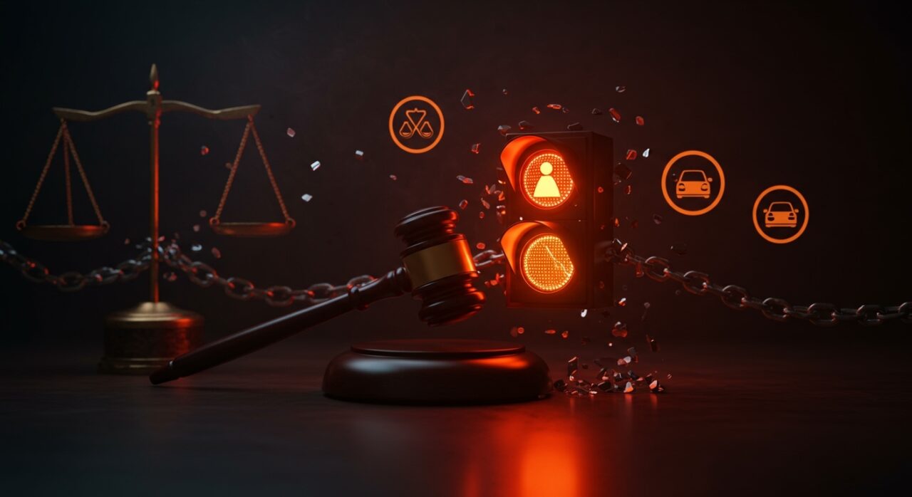 Juez declarando inconstitucional la ley de cámaras de luz roja en Florida, simbolizando el fallo legal contra la automatización del control de tránsito.