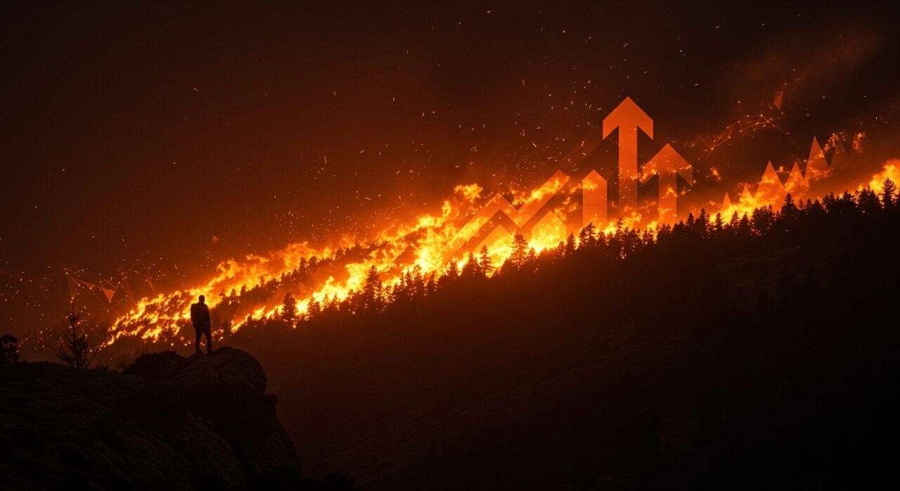 Incendios forestales en montes españoles 2025, representando el impacto del cambio climático y aumento del riesgo de incendio en España.