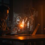 Founder de startup tech usando interfaz digital con agentes IA y arquitectura de software, reflejando innovación tecnológica en Latinoamérica.