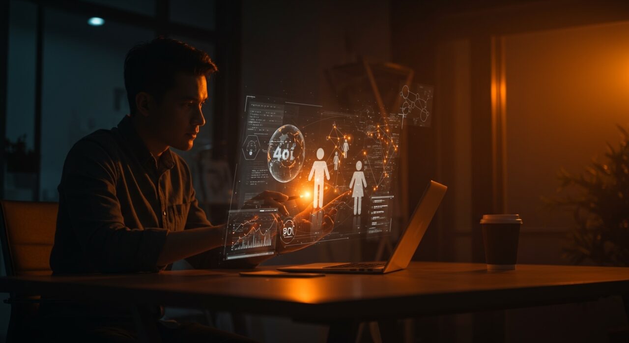 Founder de startup tech usando interfaz digital con agentes IA y arquitectura de software, reflejando innovación tecnológica en Latinoamérica.