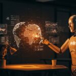 Robot futurista interactuando con modelos de mundo holográfico, representando inteligencia artificial aplicada a robótica y simulación en startups.