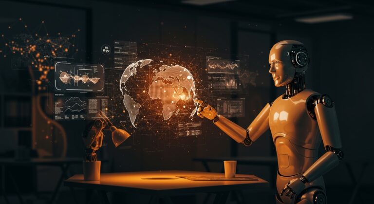 Robot futurista interactuando con modelos de mundo holográfico, representando inteligencia artificial aplicada a robótica y simulación en startups.
