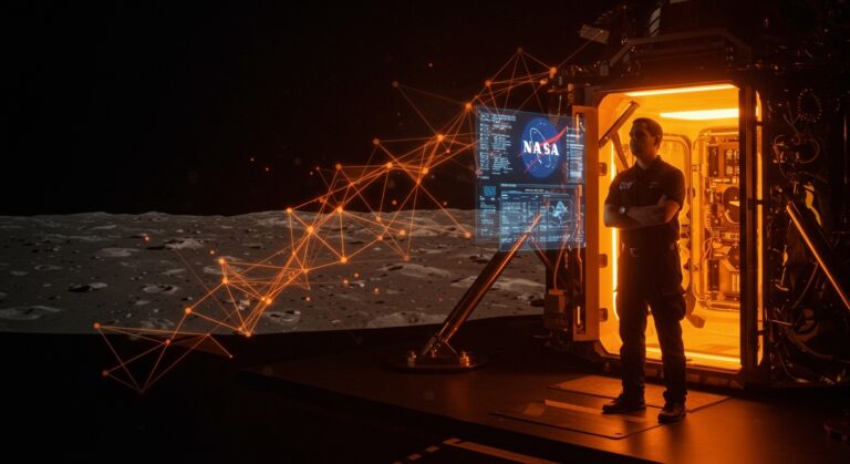Carlos García-Galán liderando la base lunar de la NASA, destacando innovación tecnológica y liderazgo hispano en exploración espacial.
