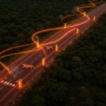 Carretera roja en India para la protección de tigres en Madhya Pradesh, mostrando innovación en seguridad vial y conservación de fauna silvestre.