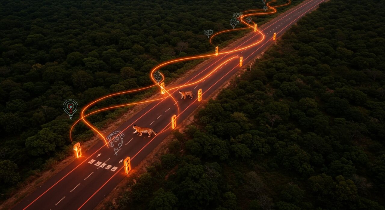 Carretera roja en India para la protección de tigres en Madhya Pradesh, mostrando innovación en seguridad vial y conservación de fauna silvestre.