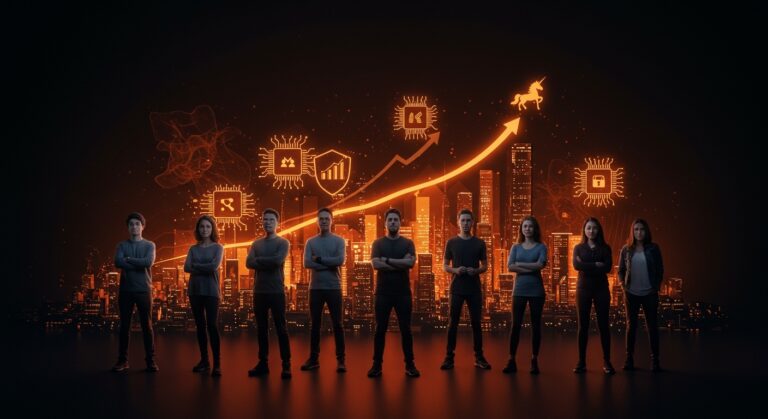 Casi 40 nuevos unicornios startups emergiendo en 2026 con enfoque en IA, chips y ciberseguridad representados en paleta naranja y negro de Ecosistema Startup.
