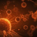 Ilustración de células T turbo atacando células de cáncer de próstata con elementos visuales de biotecnología e innovación médica en salud digital.