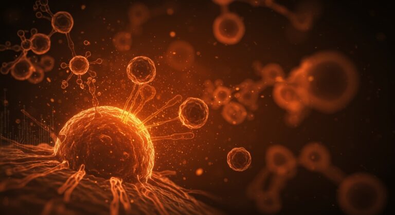 Ilustración de células T turbo atacando células de cáncer de próstata con elementos visuales de biotecnología e innovación médica en salud digital.