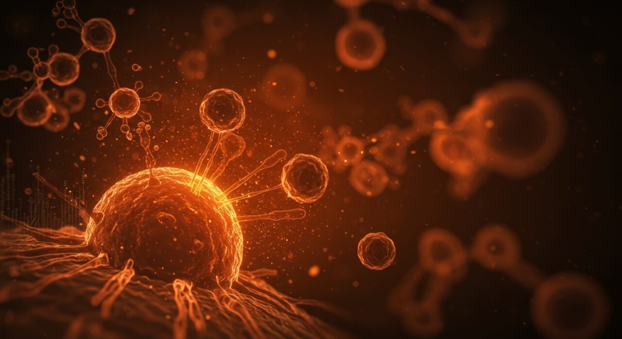 Ilustración de células T turbo atacando células de cáncer de próstata con elementos visuales de biotecnología e innovación médica en salud digital.