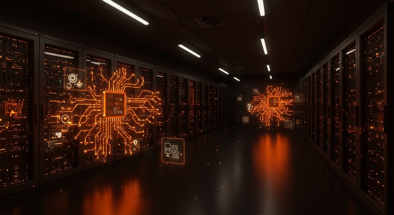 Centro de datos distribuidos en sótanos con servidores iluminados en naranja, simbolizando eficiencia energética e innovación en startups tecnológicas.