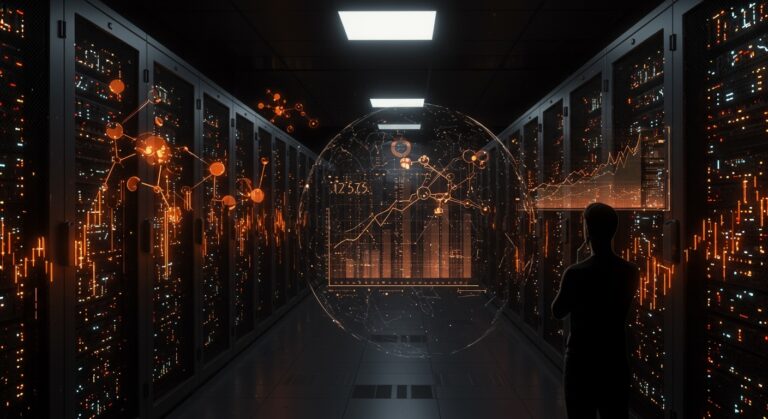 Centro de datos IA con un fundador tecnológico analizando riesgos de inversión y tendencias en la infraestructura tecnológica.