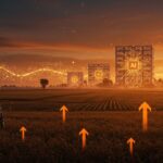 Líder rural contemplando centros de datos de IA en un paisaje agrícola, ilustrando la inversión tecnológica y la sostenibilidad rural en el agro.