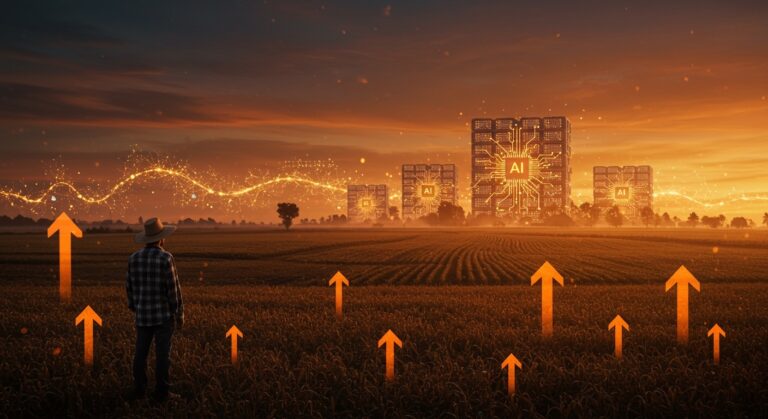 Líder rural contemplando centros de datos de IA en un paisaje agrícola, ilustrando la inversión tecnológica y la sostenibilidad rural en el agro.
