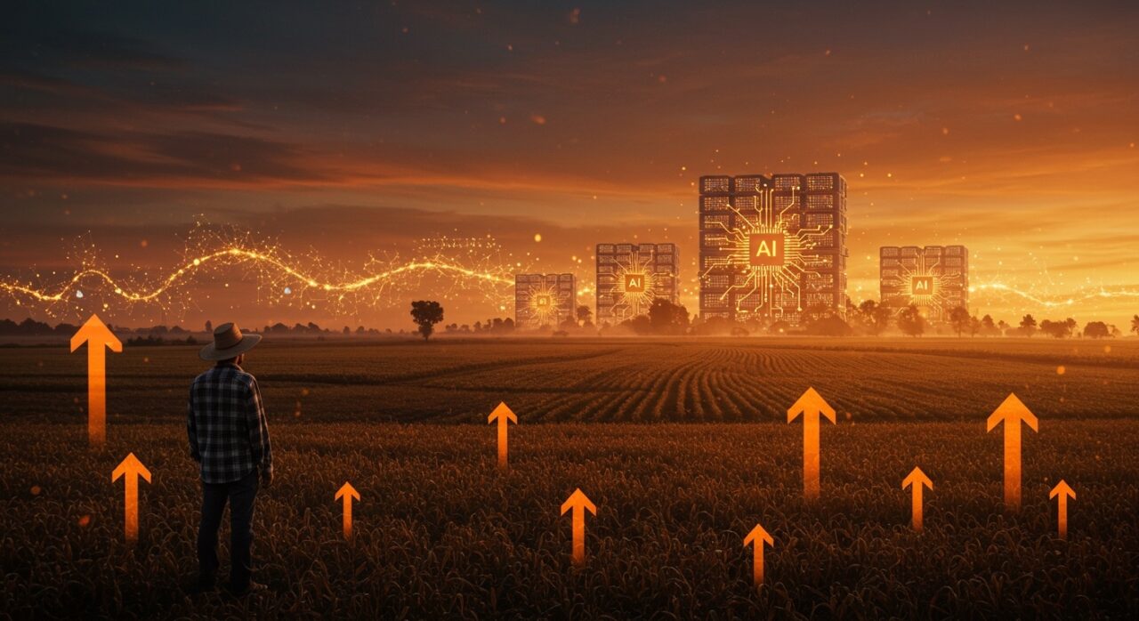 Líder rural contemplando centros de datos de IA en un paisaje agrícola, ilustrando la inversión tecnológica y la sostenibilidad rural en el agro.