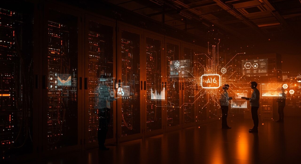 Centro de datos moderno iluminado en naranja con redes neuronales de inteligencia artificial conectadas a infraestructuras energéticas sostenibles, representando desafíos y oportunidades para startups tecnológicas.