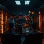 Fundadores tech en centros de datos con visuales de inteligencia artificial y energía sostenible en LATAM.