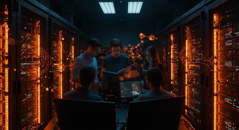 Fundadores tech en centros de datos con visuales de inteligencia artificial y energía sostenible en LATAM.