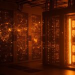 Centro de datos iluminado en naranja y negro con módulos RAM y baterías, representando la demanda global y crisis energética en startups de IA.