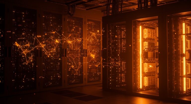 Centro de datos iluminado en naranja y negro con módulos RAM y baterías, representando la demanda global y crisis energética en startups de IA.