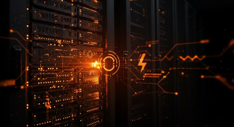 Centro de datos moderno mostrando transición de corriente alterna a continua con enfoque en eficiencia energética y tecnología IT.