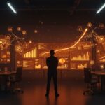 CEO de empresa tecnológica frente a pantallas digitales que muestran inteligencia artificial y automatización en el contexto de emprendimiento y despidos disruptivos.