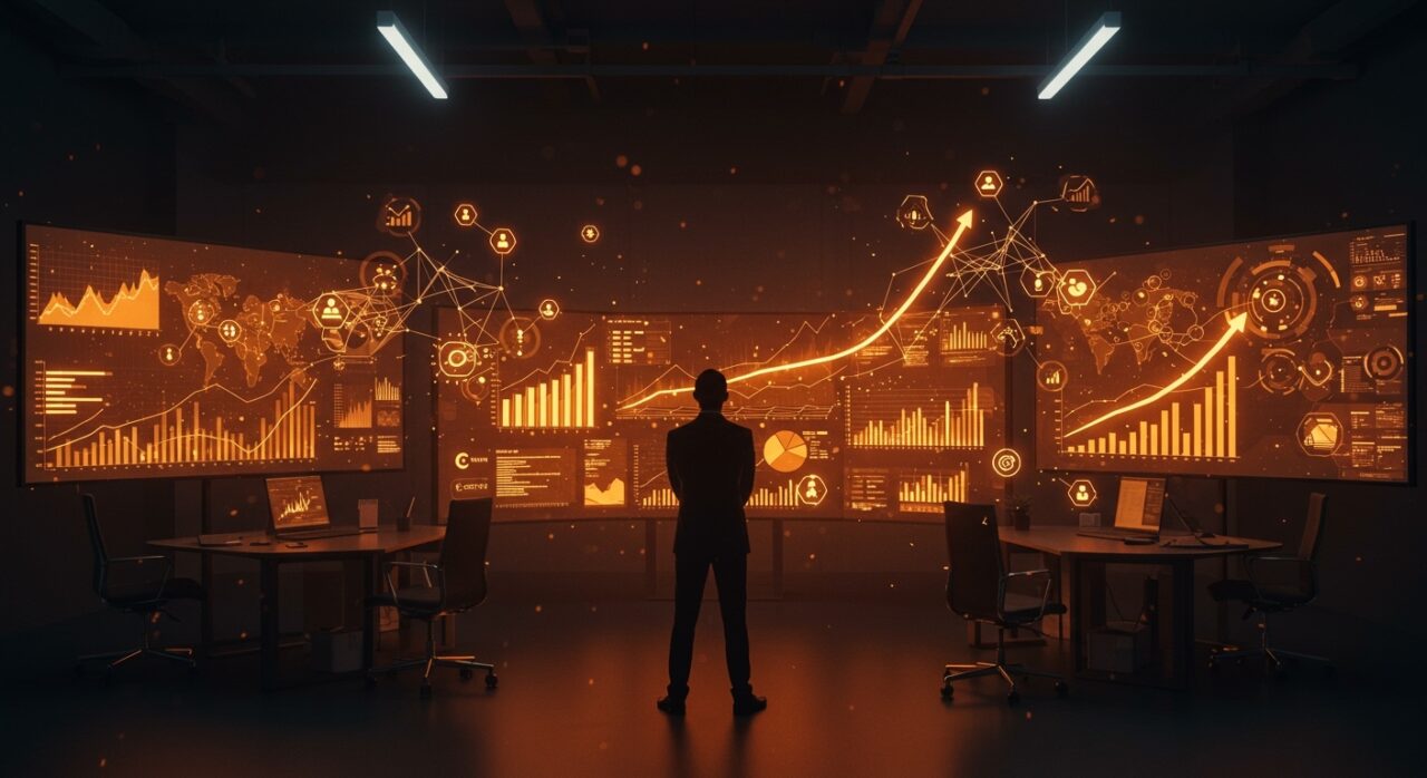 CEO de empresa tecnológica frente a pantallas digitales que muestran inteligencia artificial y automatización en el contexto de emprendimiento y despidos disruptivos.