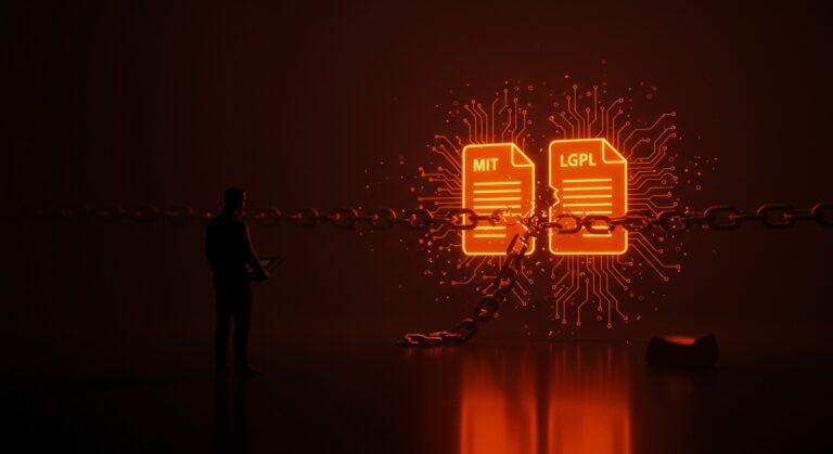 Ilustración conceptual sobre los riesgos de relicenciar software libre bajo LGPL y la protección de derechos en proyectos open source.