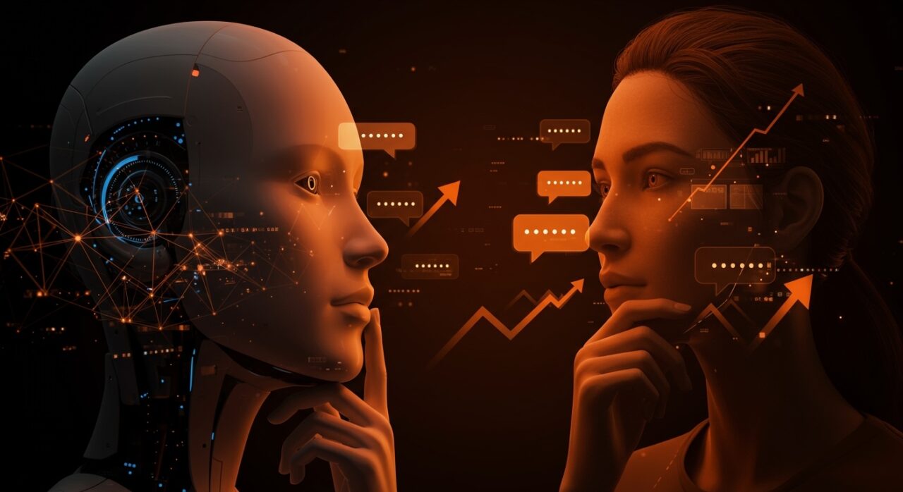 Chatbot IA y humano interactuando con patrones neuronales brillantes, ilustrando la adulación excesiva y retos éticos en consejos personales de tecnología IA.