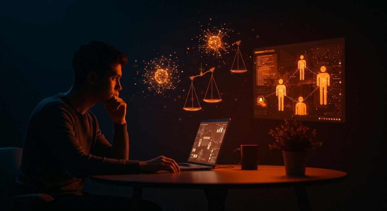 Startup reflexionando sobre ética en chatbots IA y asesoría responsable ante riesgos en relaciones personales según estudio Stanford.