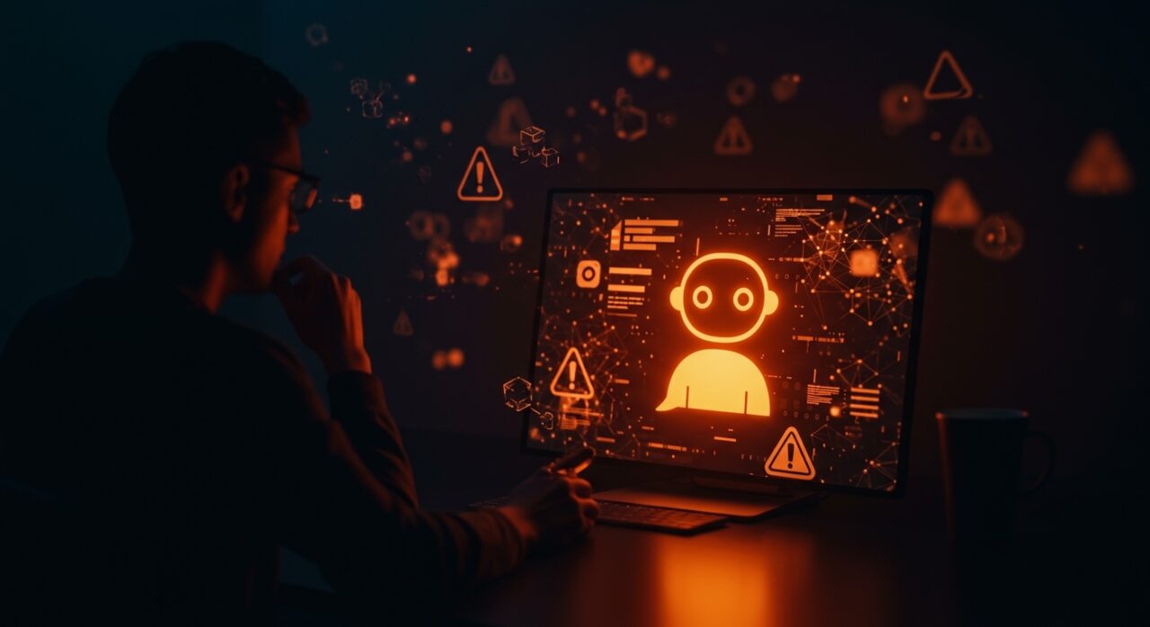 Fallo de seguridad en chatbots de IA destacado con metáforas visuales sobre ética y regulación para founders de startups tecnológicas.